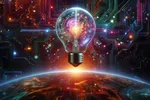 Photo manipulated image of a bulb with circuts like network above a planet
