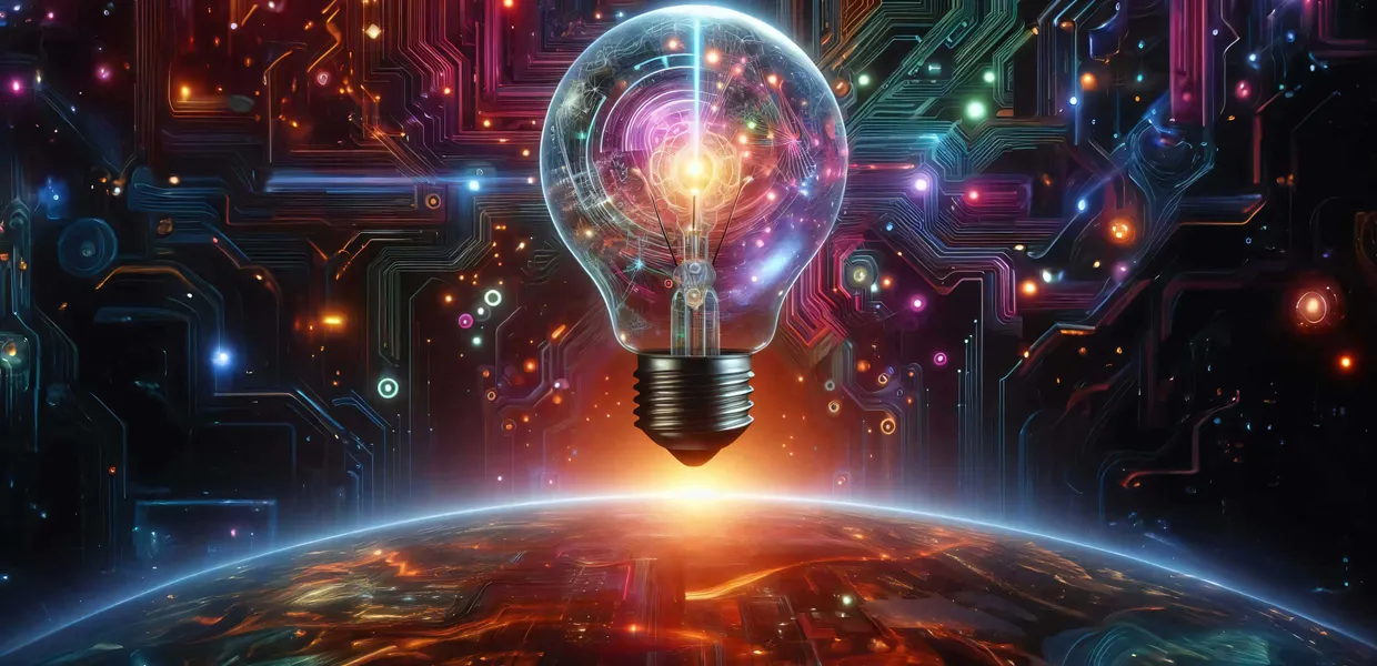 Photo manipulated image of a bulb with circuts like network above a planet