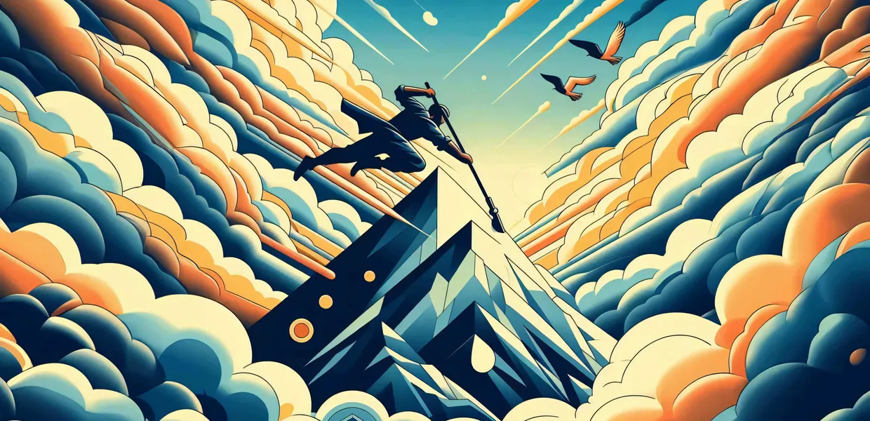 Illustration of a man diving down towards a mountain with a weapon in his hand