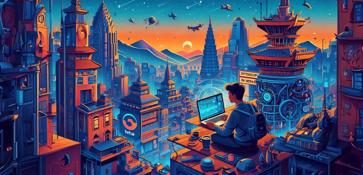 Illustration of a student holding his Laptop and city structures in the background