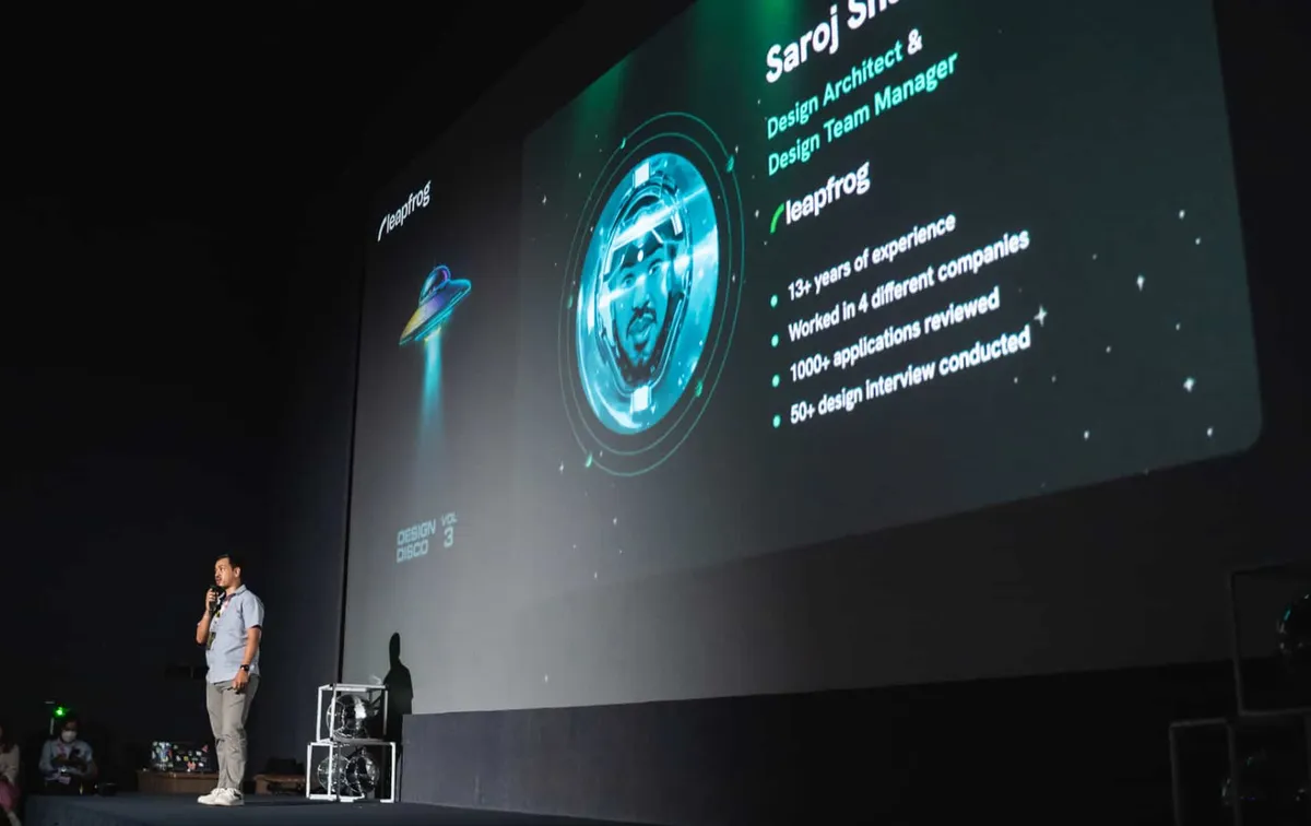 Saroj Shahi presenting on stage at Design Disco volume 3