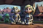 Robots sitting in a barn yard