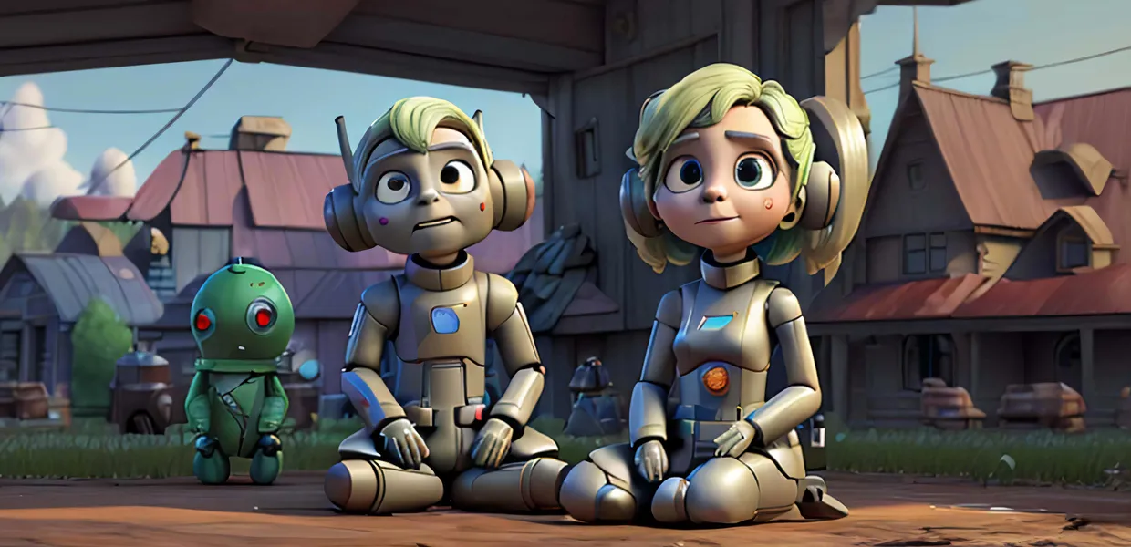 Robots sitting in a barn yard